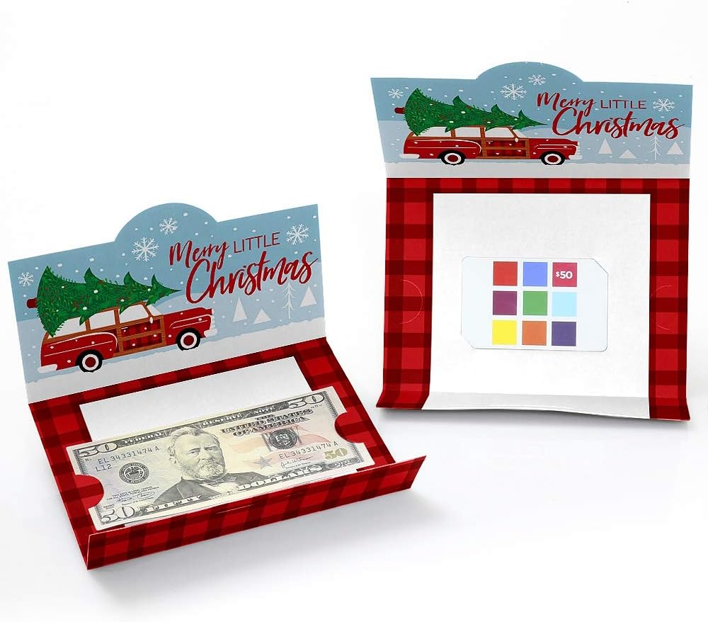 Big Dot of Happiness Merry Little Christmas Tree  Juego de 8 portatarjetas de regalo y dinero para fiestas de Navidad para camión rojo y coche