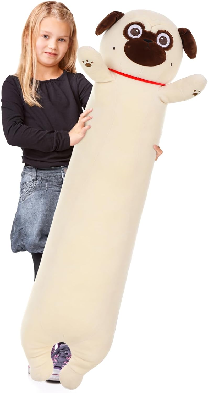 Karister Peluche de perro carlino gigante para niños de 43 pulgadas de largo, almohada corporal de felpa para cachorro, lindo regalo para amantes de