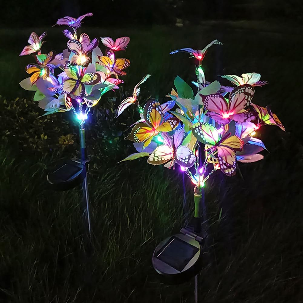 2 luces solares de mariposa para exteriores, luz de flores artificiales, decoración del hogar, lámpara de árbol de mariposa IP65, impermeable, luces