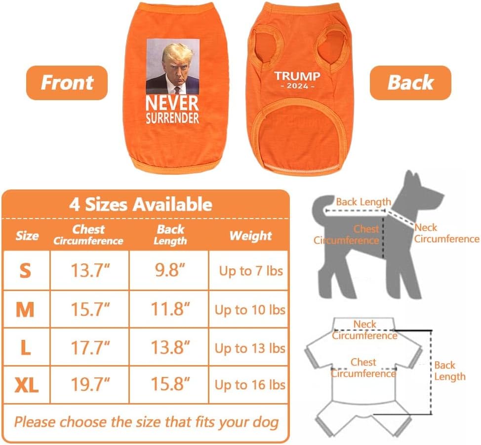 Trump Never Surrender – Disfraz de perro con peluca, linda camisa de Halloween para mascotas, chaleco de fotos de la prisión de Trump, para