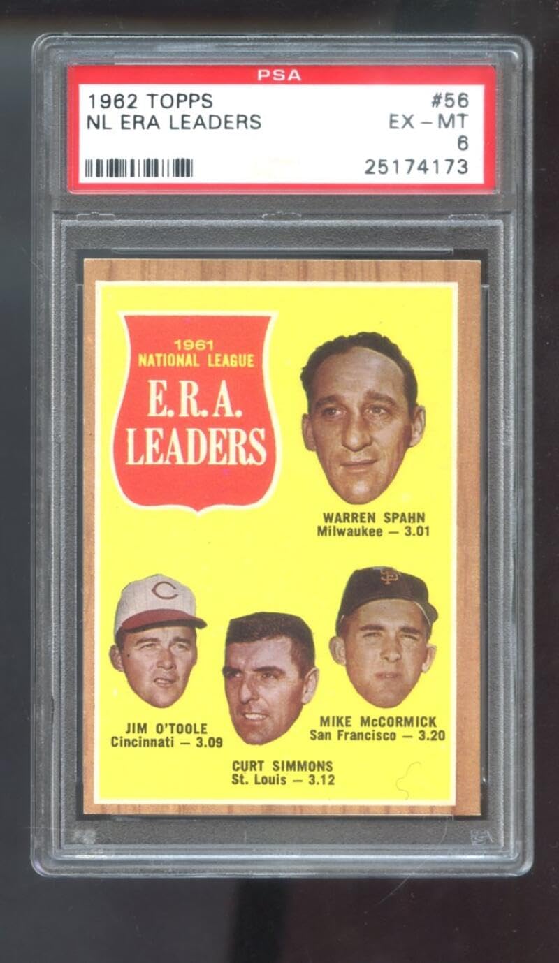 1962 Topps #56 NL ERA Leaders Warren Spahn Jim O’Toole Curt Simmons Mike McCormick PSA 6 Graded Baseball Card MLB N. L. E.R.A. National League