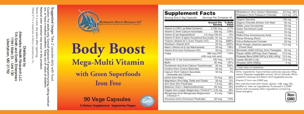 Suplemento multivitamínico y mineral sin hierro con súper verdes y enzimas digestivas – Body Boost de Alternative Health Research