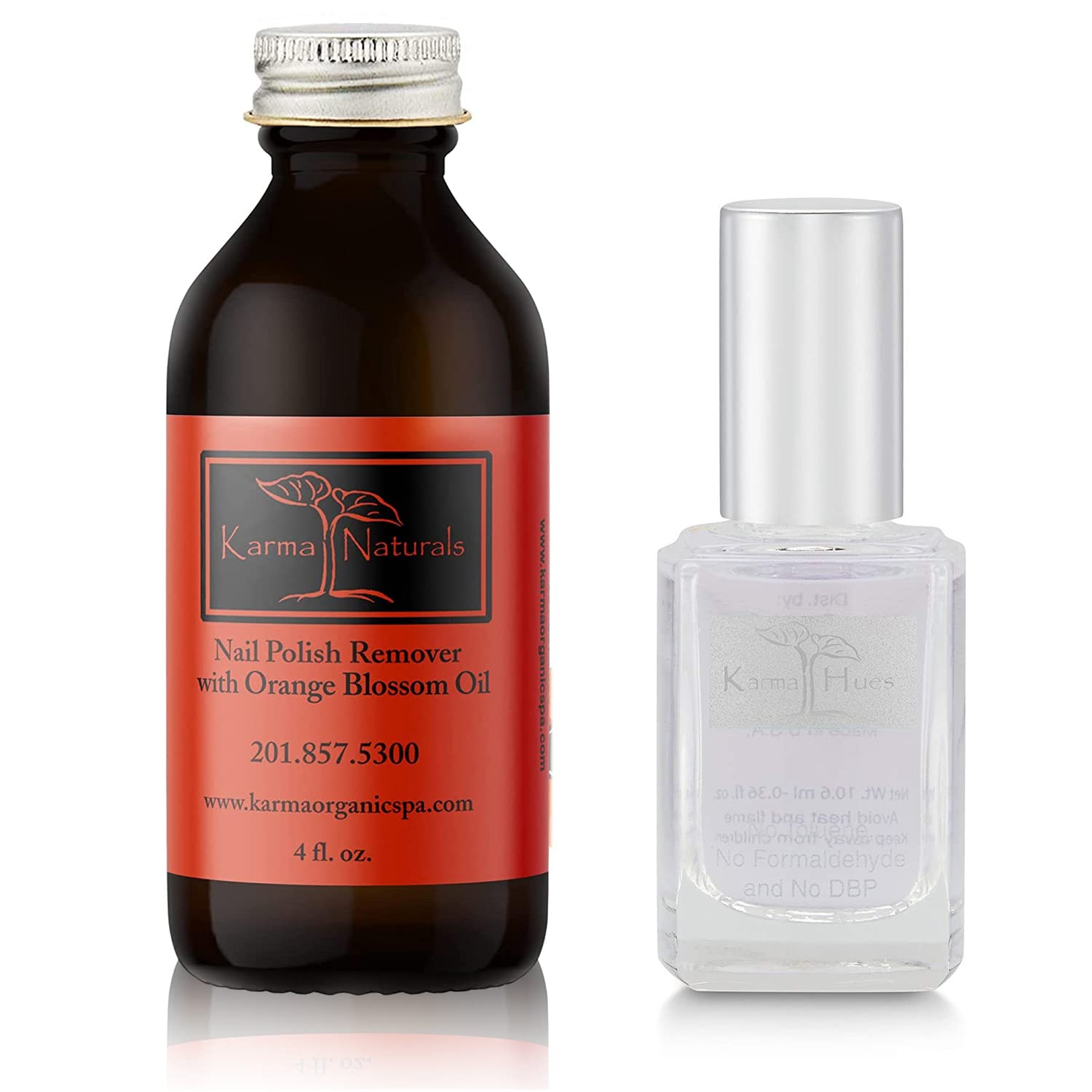 Karma Organic Paquete de removedor de esmalte de uñas y capa base superior  Removedor de esmalte de uñas Naturals con flor de naranja (4 onzas