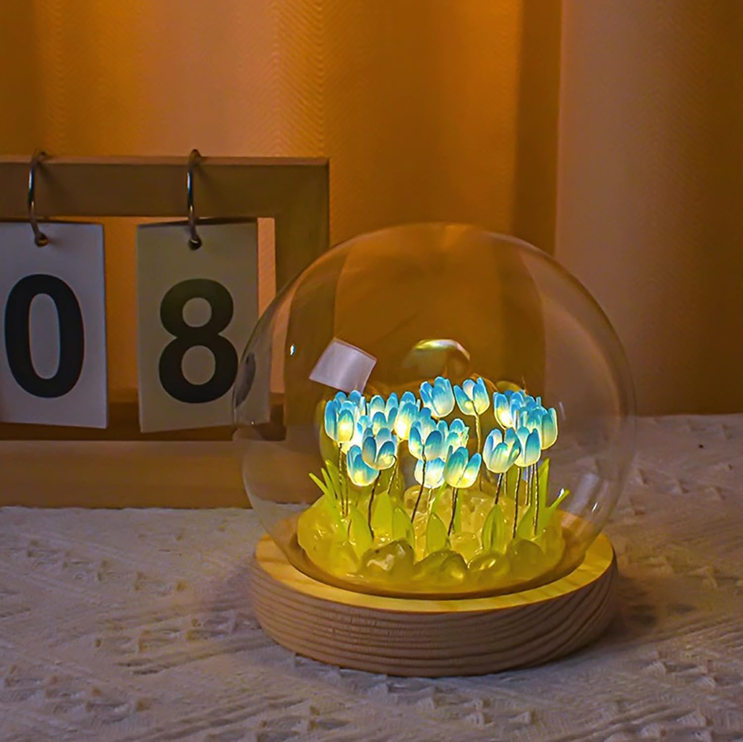Luz nocturna de tulipán DIY, decoración de muebles hecha a mano, 13 flores, flores de simulación azul, lámpara de mesa para dormir, ornamento de