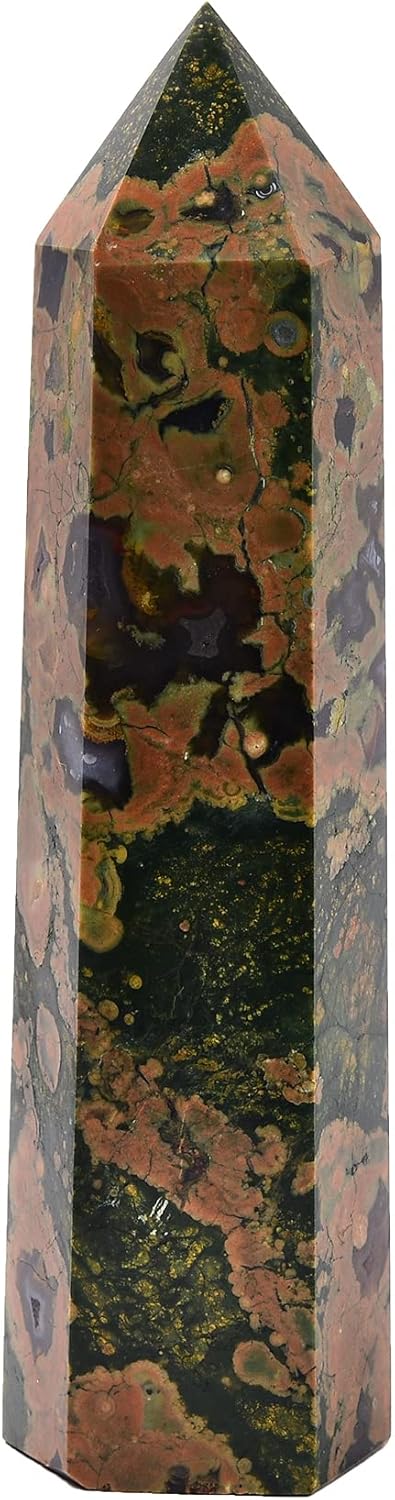 AMOYSTONE Varita de jaspe de bosque lluvioso, columna hexagonal de cristal curativo, varita de cristal irregular natural, 6 puntos, torre de jaspe