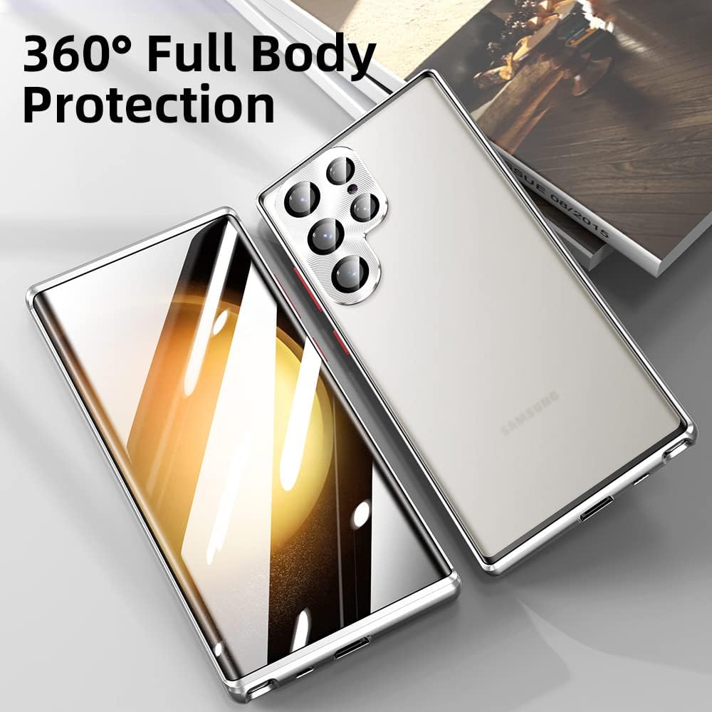 Jonwelsy Funda para Samsung Galaxy S23 Ultra, absorción magnética de aleación de aluminio parachoques con bloqueo de seguridad protección de 360