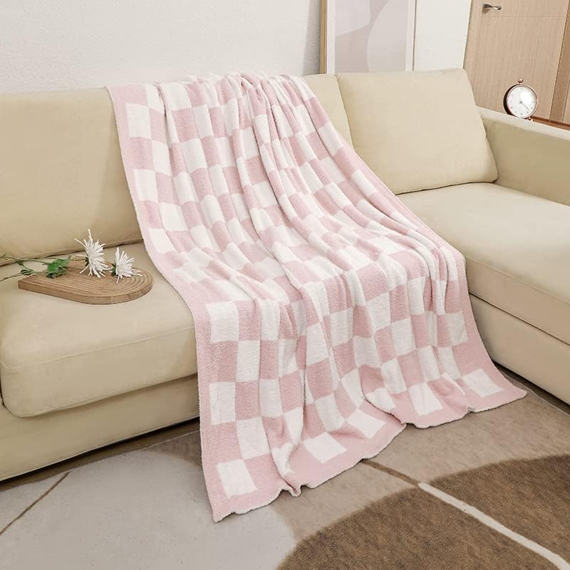 DOOWELL Manta de punto suave con patrón de cuadrícula de ajedrez para sofá, cama, camping, regalo de viaje (rosa, 60 x 80 pulgadas)