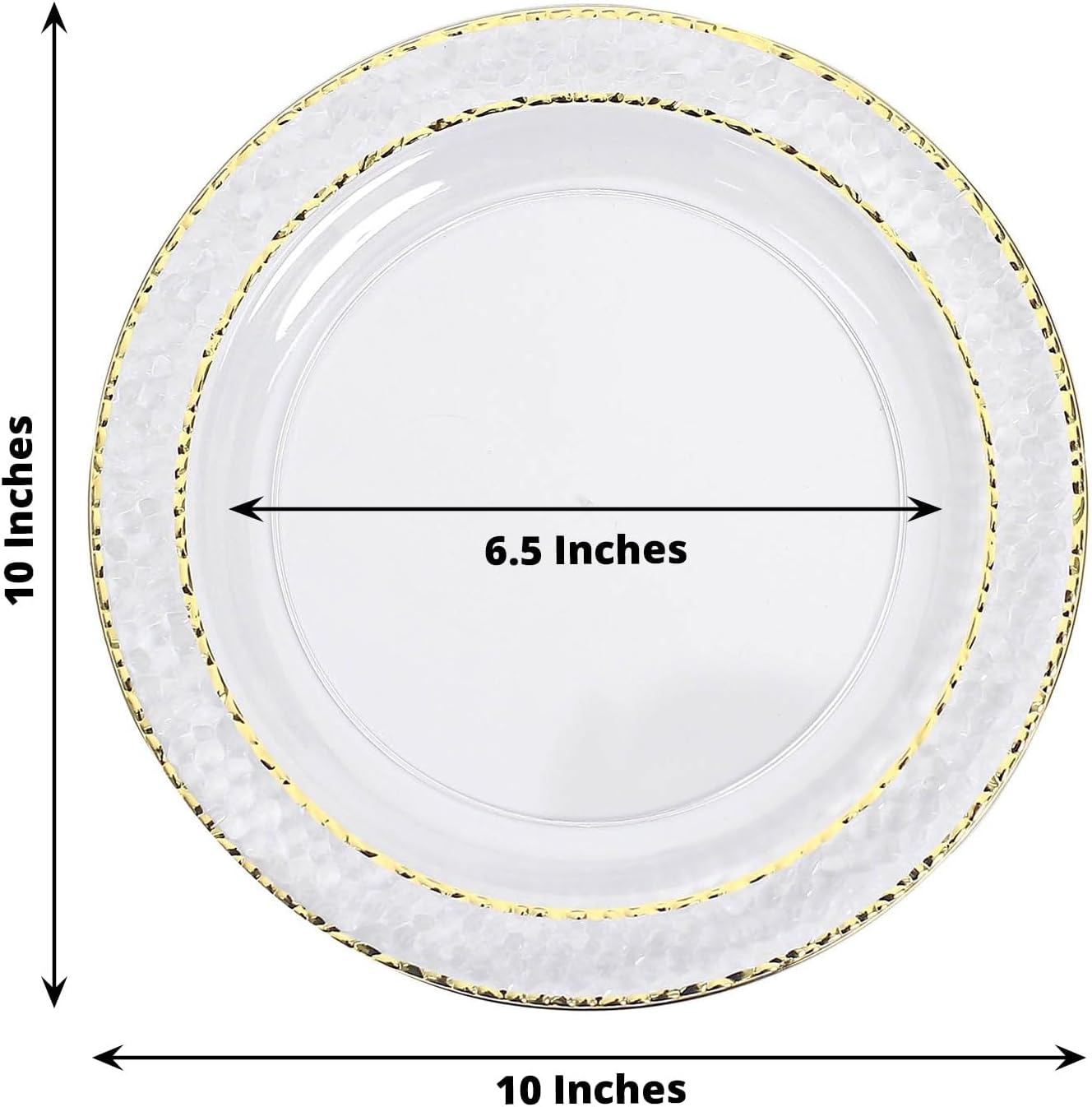 Efavormart – Paquete de 10 platos llanos de plástico martillado transparente de 10 pulgadas con borde dorado