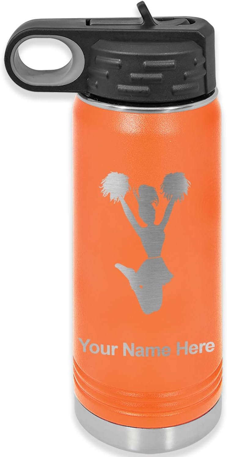 LaserGram Botella de agua de doble pared abatible de 20 onzas con pajilla, animadora, grabado personalizado incluido (naranja)