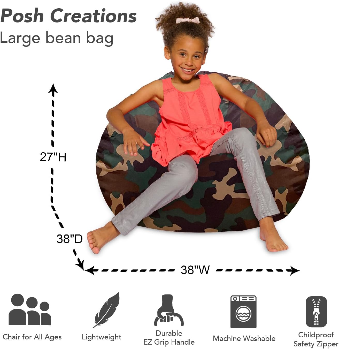 Posh Creations – Sillón puff para niños, adolescentes y adultos, incluye funda extraíble y lavable a máquina, nailon suave, estampado de camuflaje