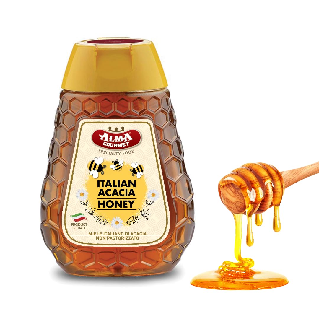 Alma Gourmet 100% miel de acacia italiana, totalmente natural, no pasteurizada, conveniente dosificador de botellas exprimidor, 8.8 onzas (8.82 oz)