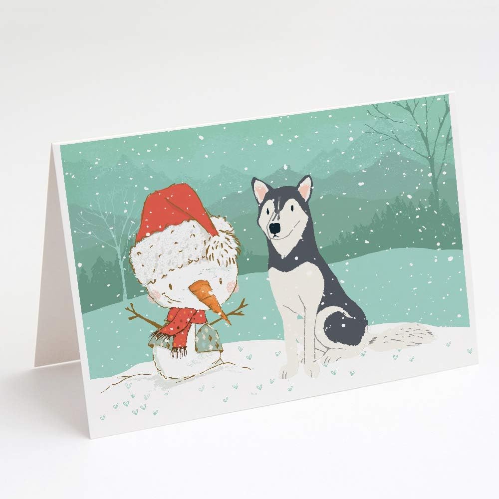 Caroline’s Treasures CK2046GCA7P Tarjetas de felicitación y sobres de Navidad de Husky Siberian Snowman Paquete de 8 tarjetas en blanco con sobres,