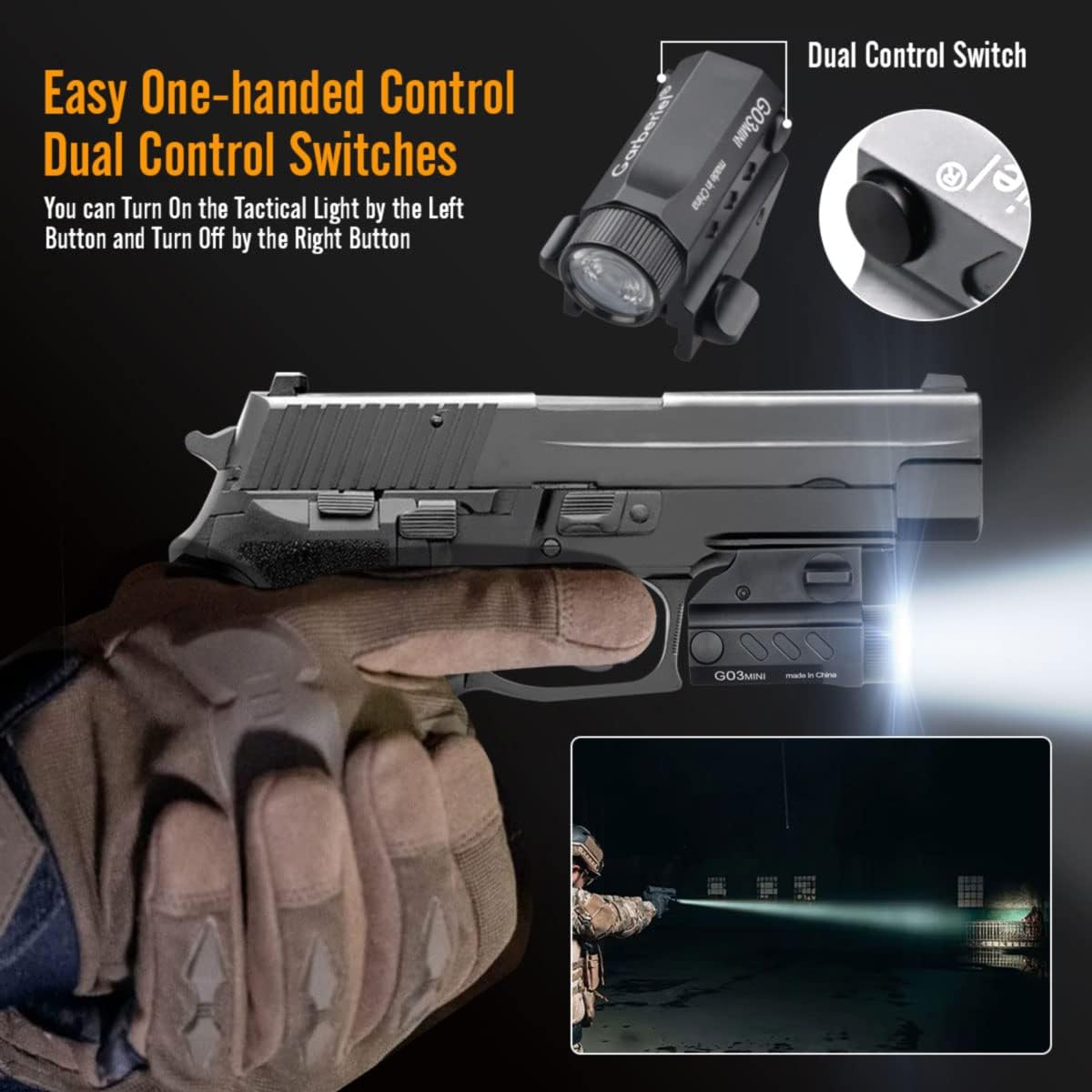 Linterna táctica de montaje en riel de pistola, 1650 LM recargable Glock pistola luz linterna LED con cargador para Glock, linterna de riel