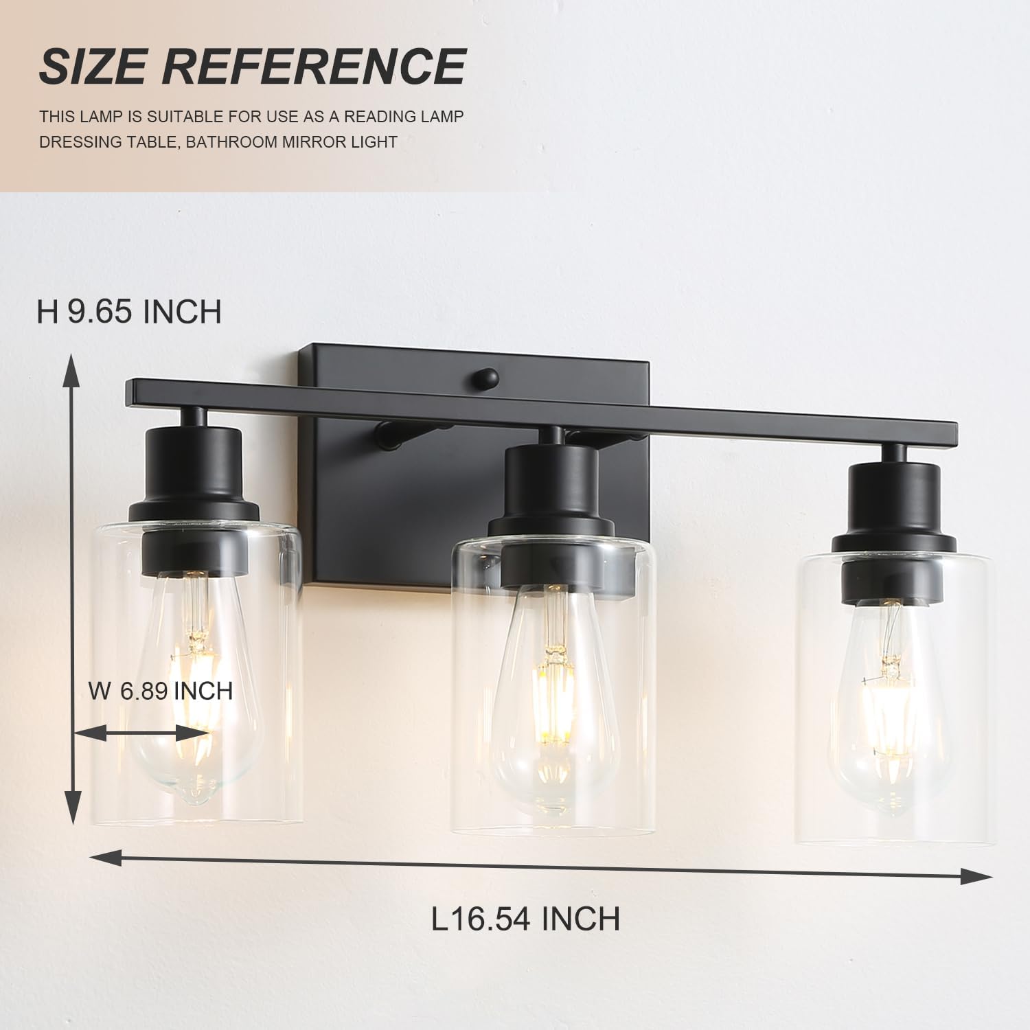 Lámparas de tocador de baño de 3 luces, apliques de pared negro mate con pantallas de vidrio transparente, iluminación de pared moderna de granja