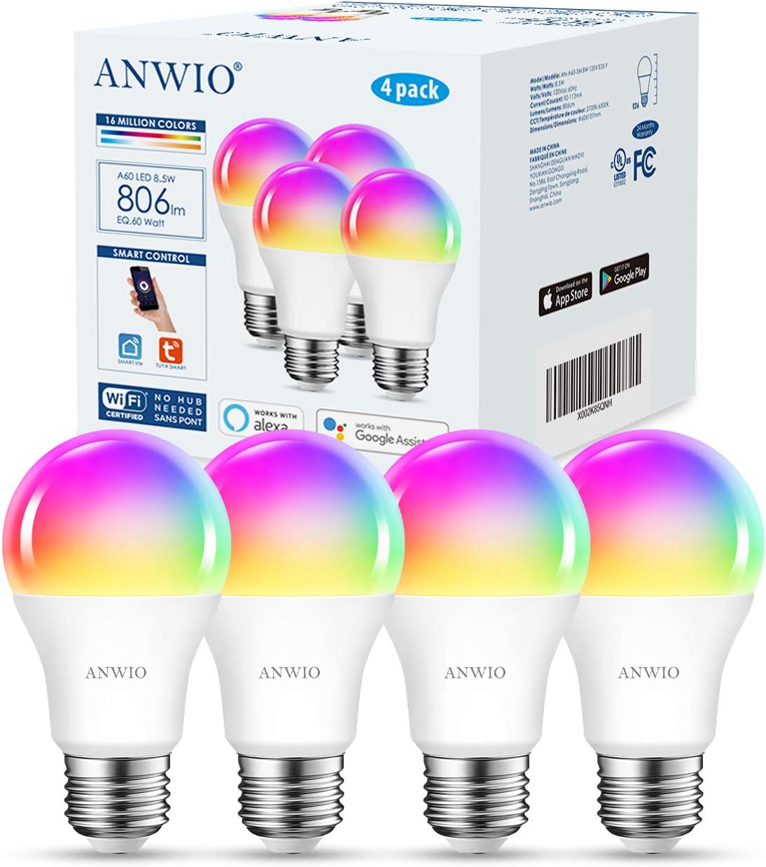 ANWIO Paquete de 4 bombillas inteligentes de 8.5 W (reemplazo de 60 W) A19 E26 bombilla LED funciona con Alexa, Google Assistant, aplicación Smart