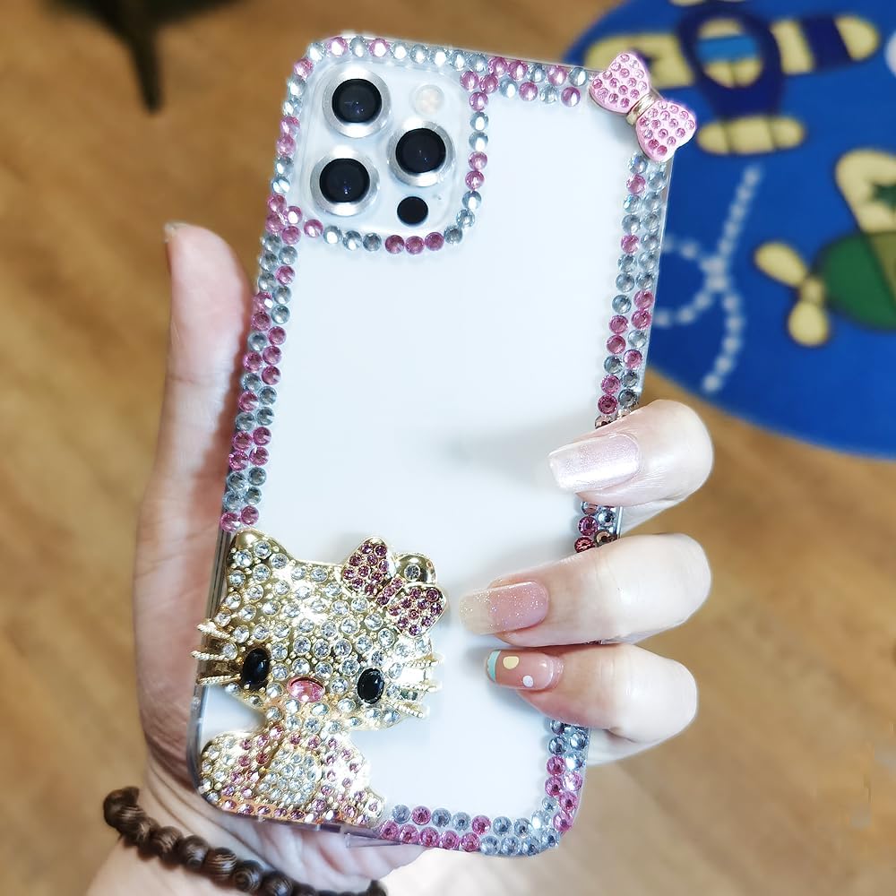 Victor – Funda de silicona para mujer con diamantes de imitación brillantes para iPhone 14, 13, 12, 11, Hello KT, carcasa de silicona (iPhone 12