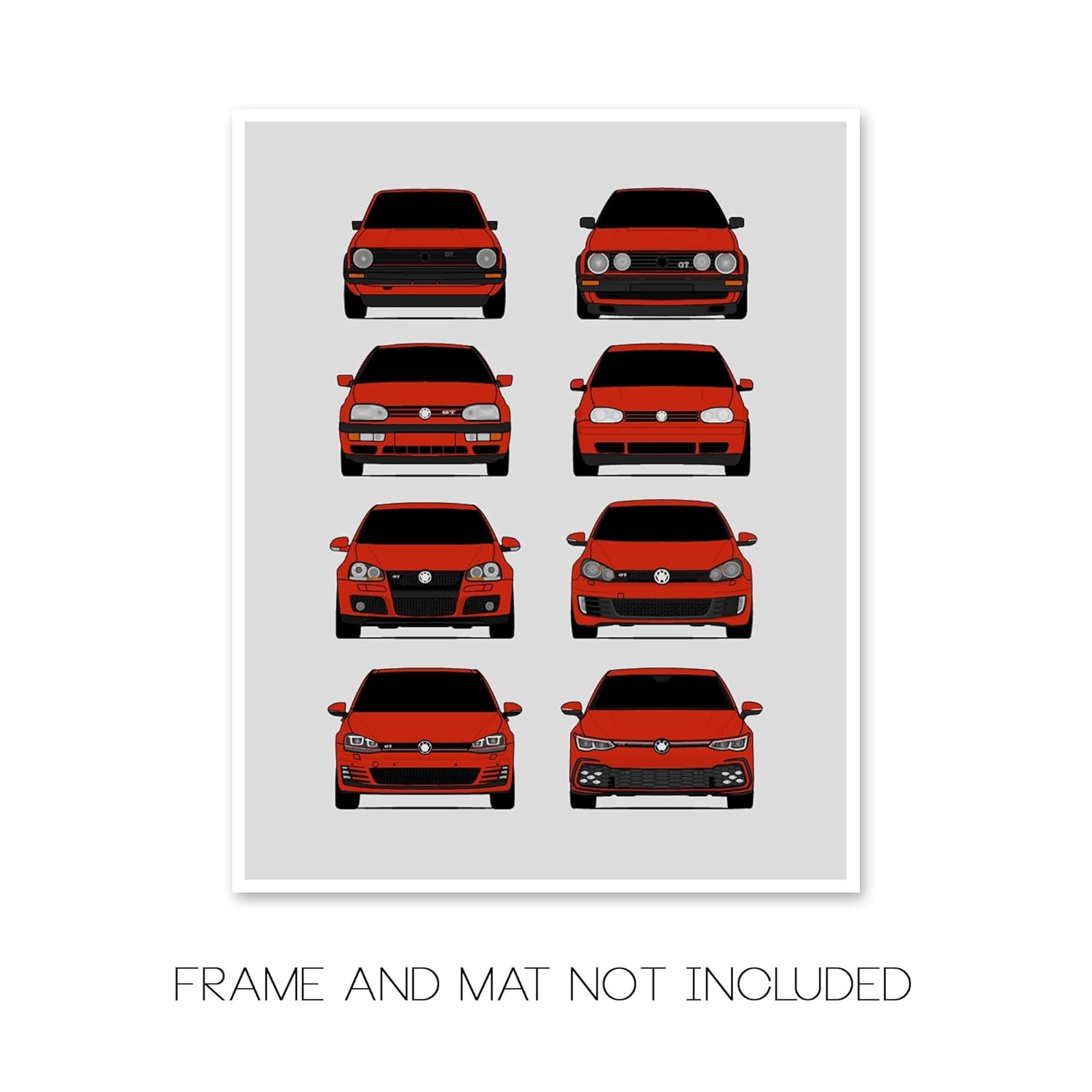 Volkswagen Golf GTI Generations Inspired Car Poster – Handmade Print of VW GTI (Car Models MK1 to MK8) – Red, 8×10″ Satin Print (Unframed) – Perfect