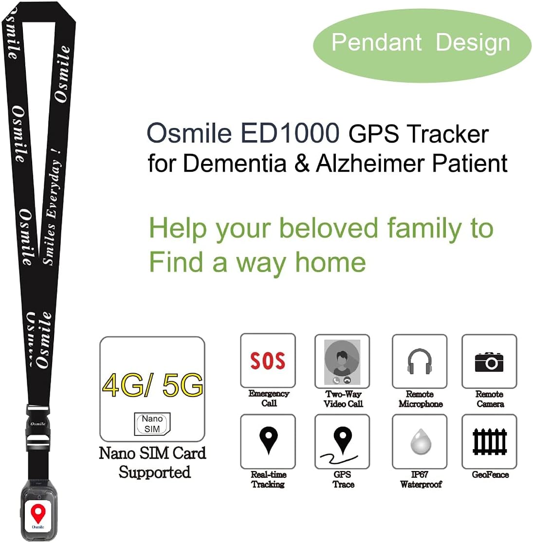 Osmile ED1000 (L) Senior Demencia & Alzheimer GPS Tracker Colgante (reloj GPS colgantereloj de seguimiento GPS demenciareloj de seguimiento GPSreloj