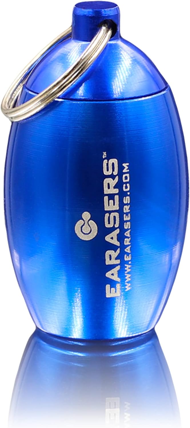 EARasers Tapones para los oídos llavero estuche de transporte – Tapones para los oídos impermeables de aluminio y soporte para pastillas (azul)