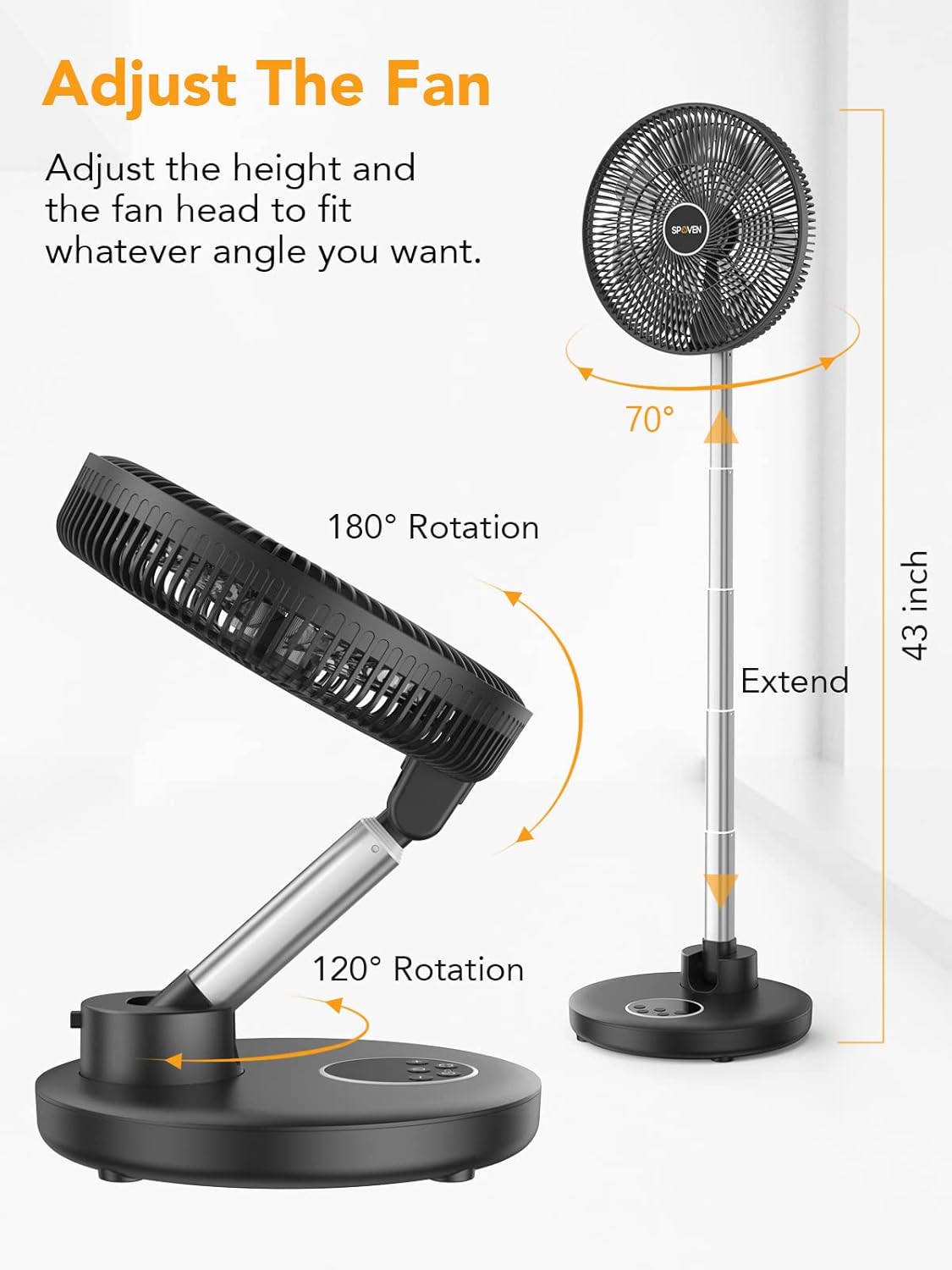 Ventilador de pie oscilante, ventilador portátil plegable de 12 pulgadas con batería recargable de 12000 mAh, ventilador de pedestal ajustable en