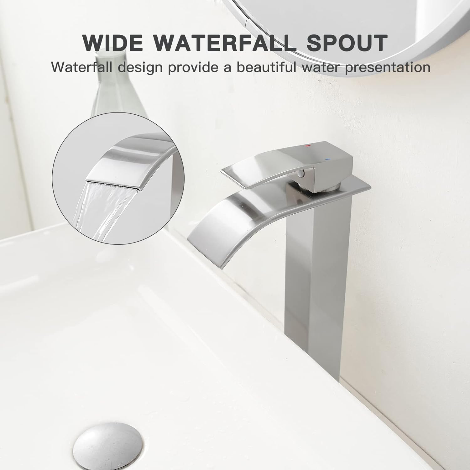 Homevacious Grifo de baño de níquel cepillado, grifo de fregadero de cascada, grifo de fregadero de una sola manija, grifo moderno de un solo