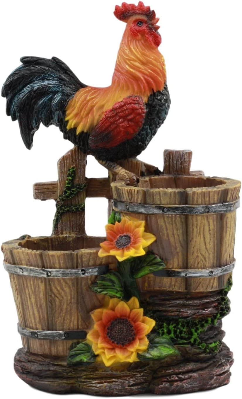 Ebros Girasol Granja Gallo de pie en la valla por cubos de madera antiguos de cristal Salero y Pimentero Figura de soporte 6.5 pulgadas de alto