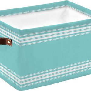 Cesta de almacenamiento a rayas aguamarina para organizar estantes, cajas de almacenamiento plegables con asa, lujosas rayas blancas modernas, arte Cesta de almacenamiento a rayas aguamarina para organizar estantes, cajas de almacenamiento plegables con asa, lujosas rayas blancas modernas, arte