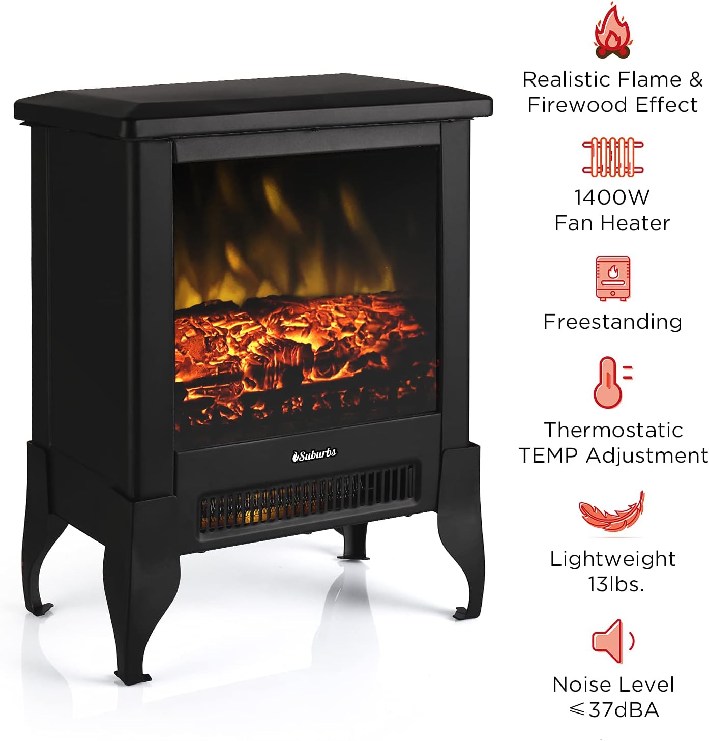 TURBRO Suburbs TS17 – Chimenea eléctrica compacta, calentador de 18 pulgadas con llama realista, certificado CSA, protección de seguridad contra