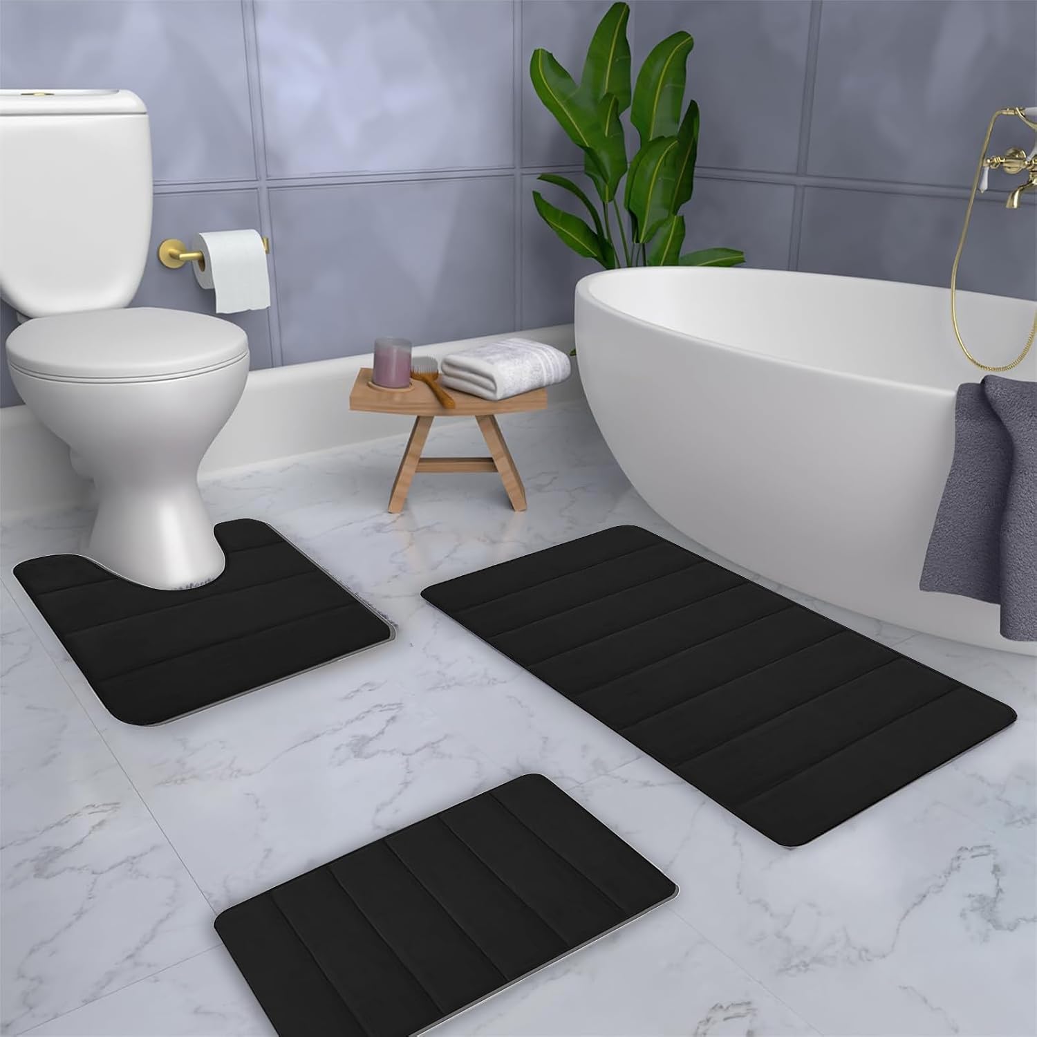 Hedgx Juego de tapetes de baño de espuma viscoelástica, alfombras gruesas de baño para 3 piezas, tapetes de inodoro, suaves y cómodos, de alta