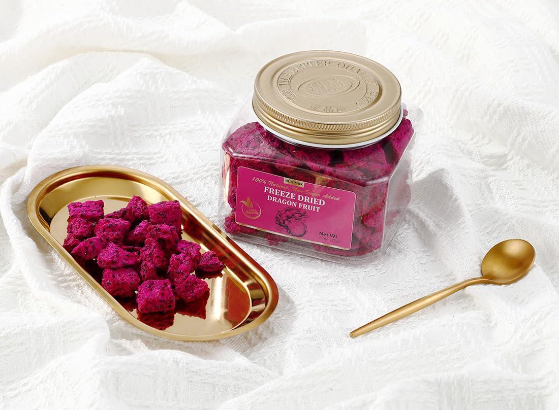 Fruta del dragón liofilizada prémium en cubitos de 2.7 onzas2.72 oz, Pitaya sin azúcar añadido, 1 ingrediente y 100% natural y sin aditivos.