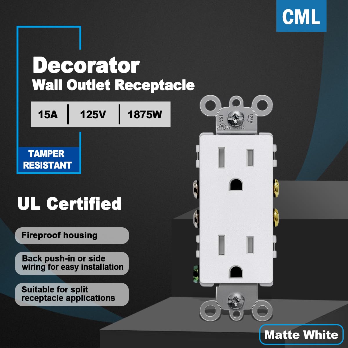 CML – 20 tomacorrientes de pared color blanco mate de 15 amperios, seguros para niños, resistentes a manipulaciones, enchufes eléctricos estándar,