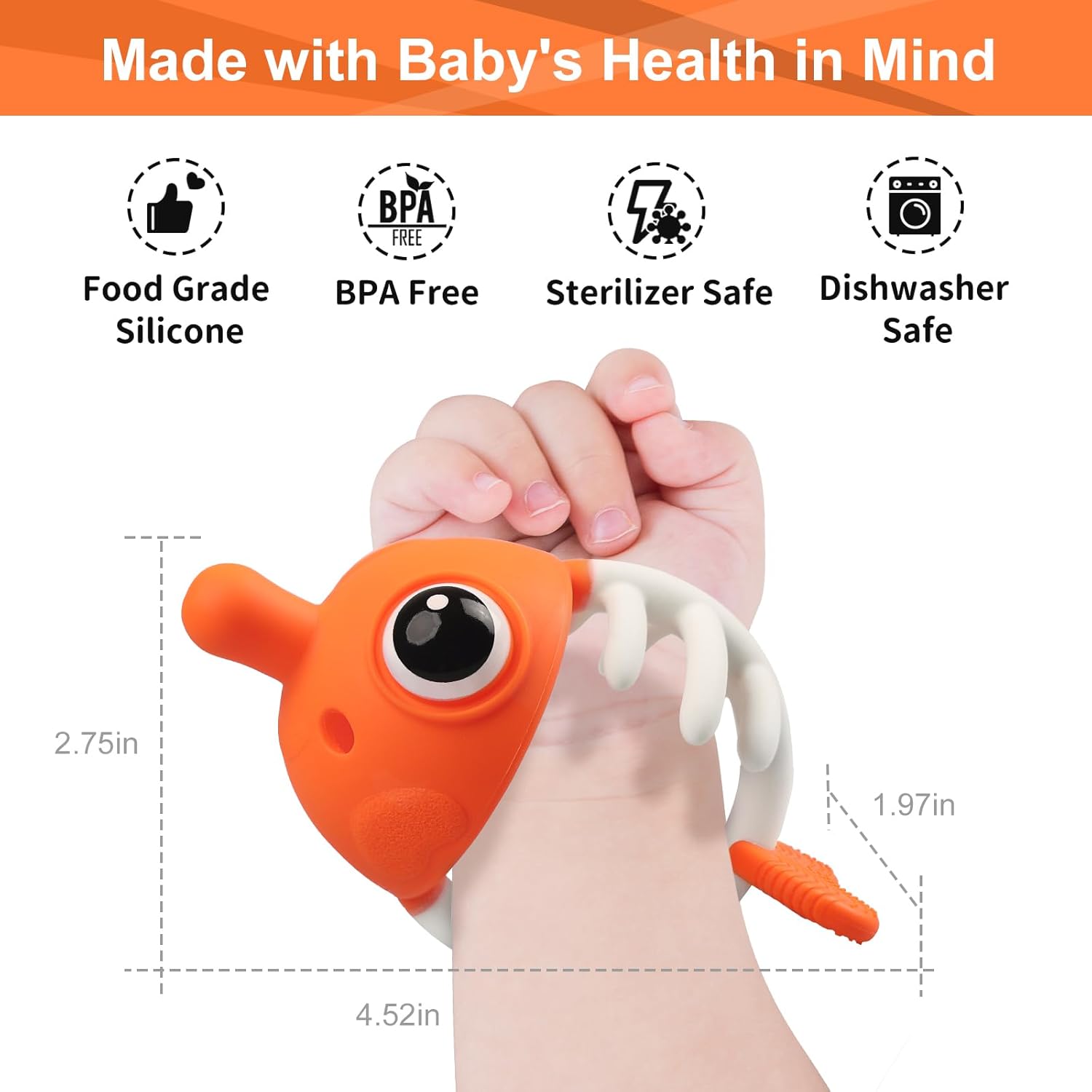 Mombella Clownfish – Juguetes mordedores para bebés, juguetes de dentición para bebés de 0, 3, 6, 12 meses con clip, mordedores de silicona suave y
