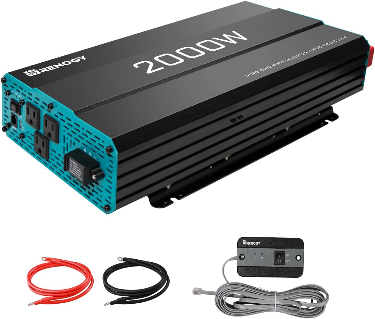 Renogy Panel solar monocristalino de 200 vatios y 12 voltios, controlador de carga MPPT de 20 A, montaje e inversor de onda sinusoidal pura de 2000