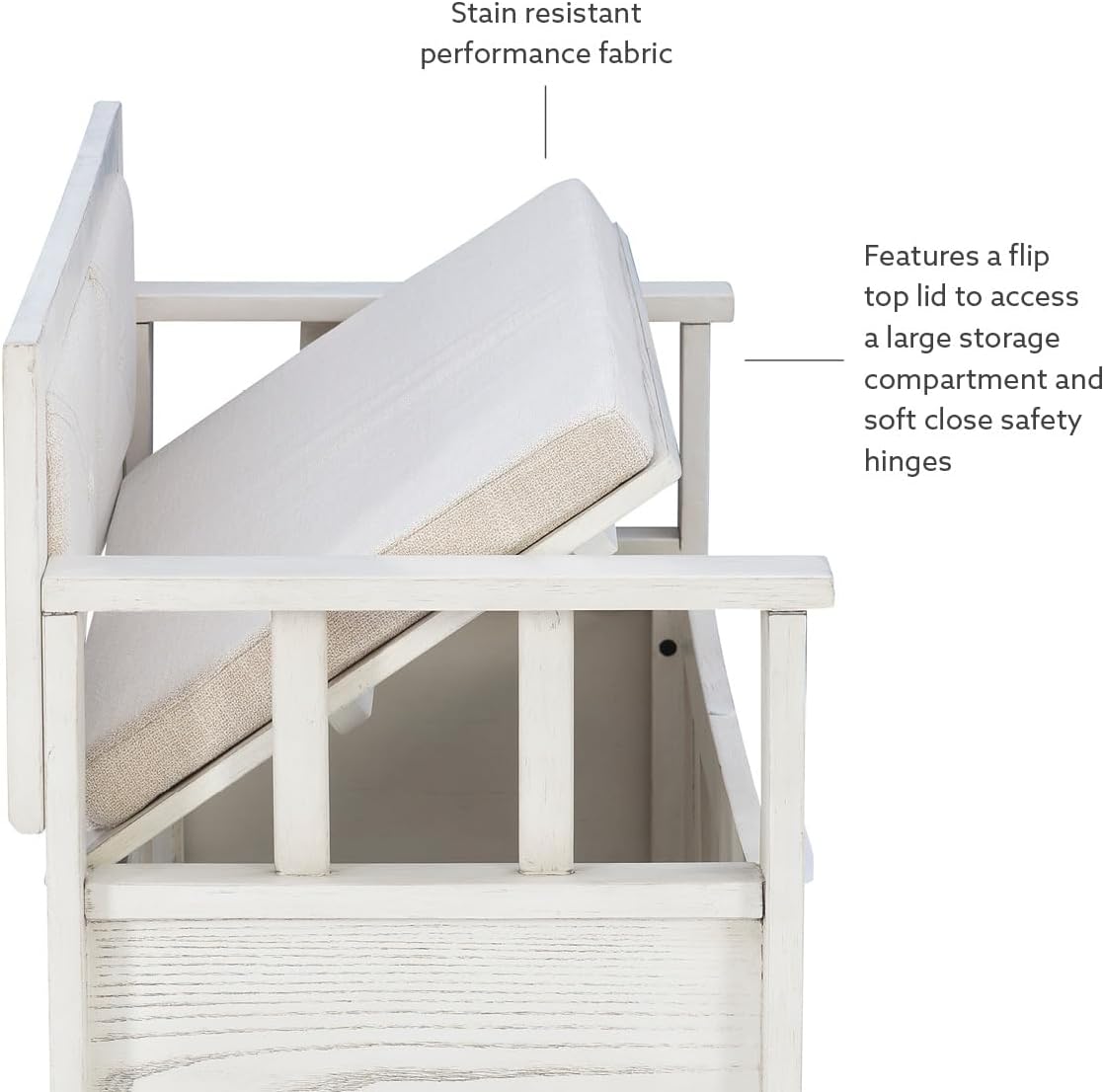 Linon Carlton – Banco de almacenamiento blanco con respaldo tapizado beige y asiento acolchado, gris ahumado