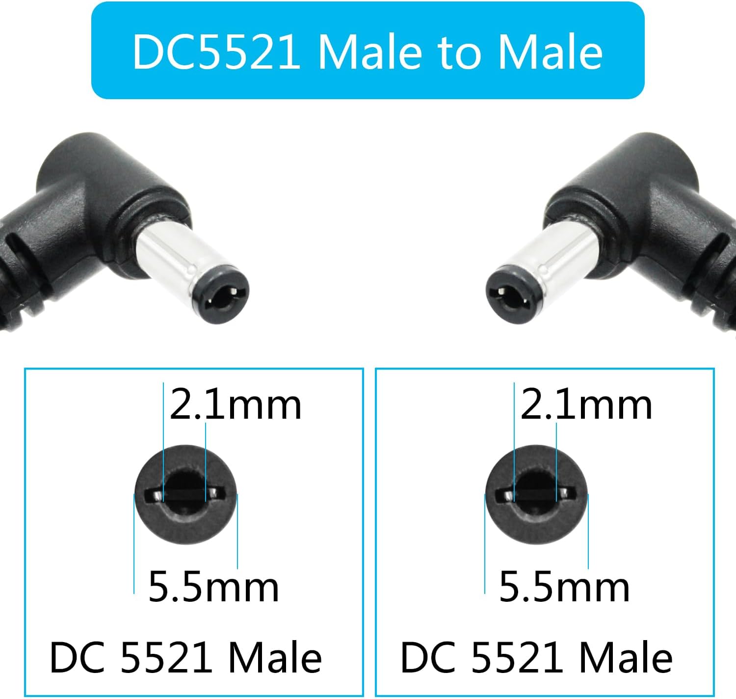 Cable de extensión de ángulo recto CC macho a macho de 1.6 pies, 18 AWG, 90 grados CC, 0.217 in x 0.083 in, adaptador de conector de cable de