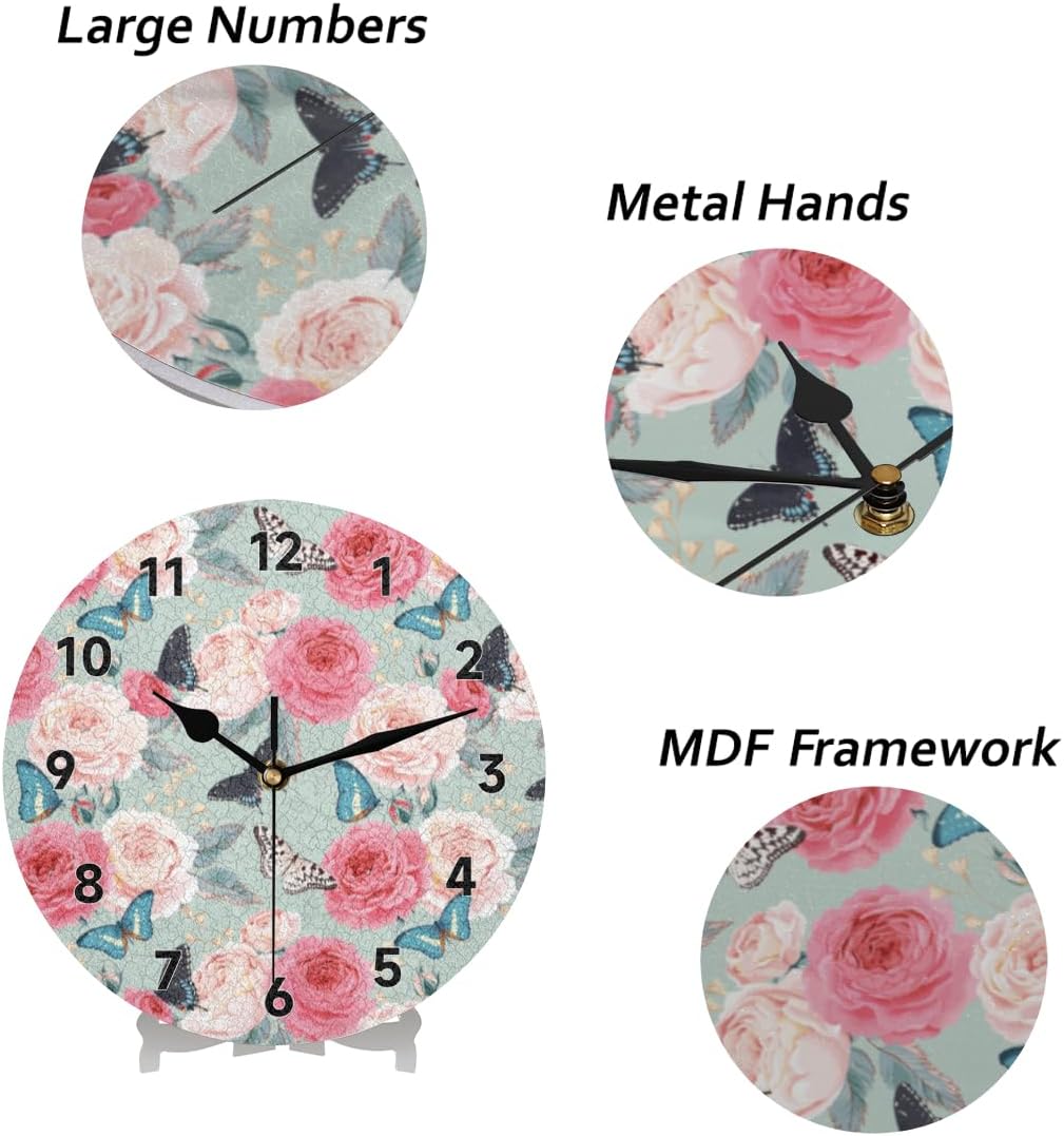 Reloj de pared redondo decorativo con diseño de mariposa rosa de 12 pulgadas, moderno, funciona con pilas, para cocina, sala de estar, dormitorio,