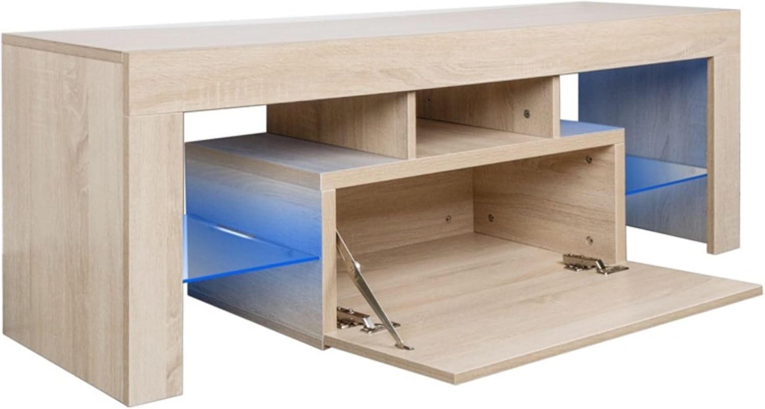 Soporte de TV moderno de granja con luces LED y armario de almacenamiento