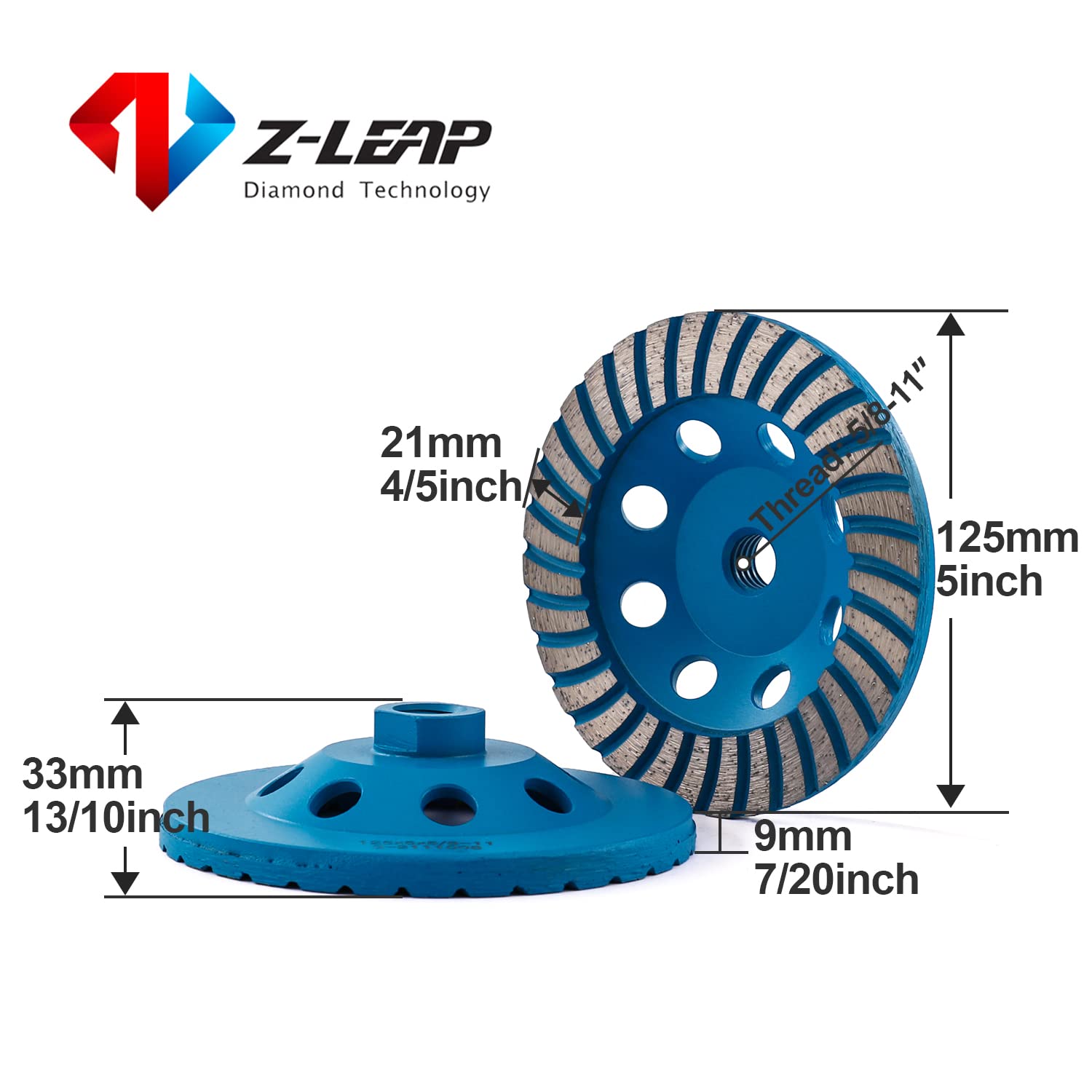 Z-LEAP Rueda de molienda de copa de diamante de 5 pulgadas Turbo Row para amoladora angular Azulejos de pulido Piedra de mármol Granito Hormigón