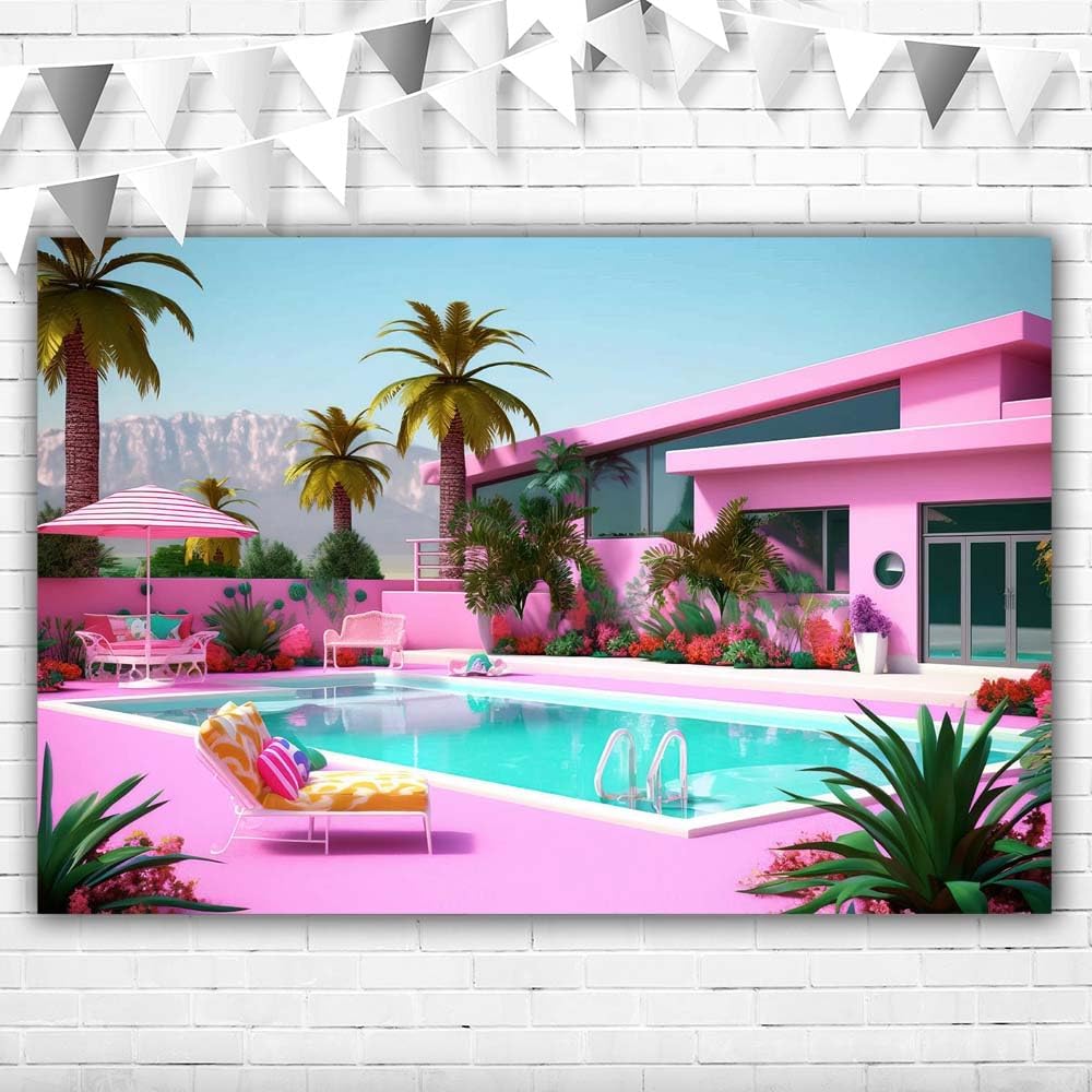 Telón de fondo de casa de ensueño de princesa Dolly de 7 x 5 pies, fondo tropical de casa de playa Malibú, feliz cumpleaños para niños, de vinilo al
