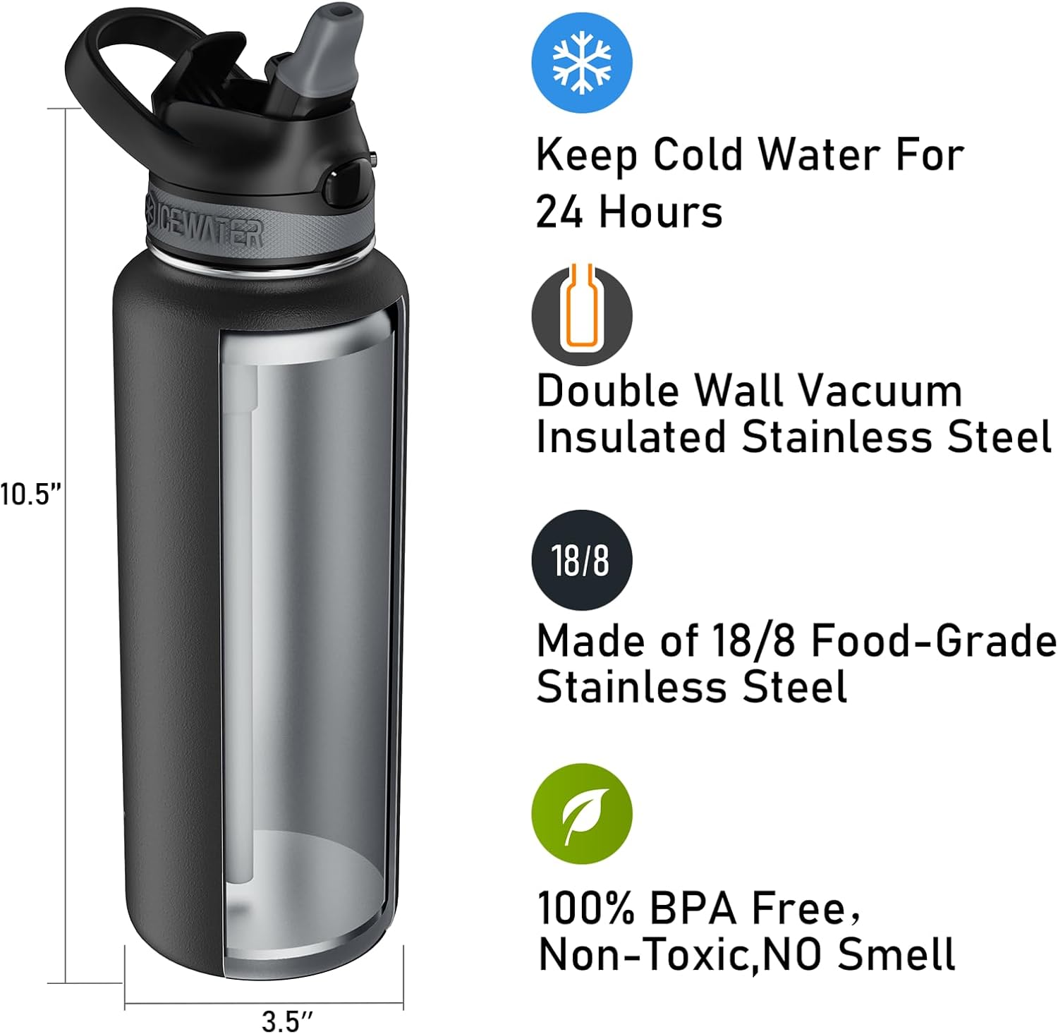 ICEWATER – Botella de agua aislada de 40 onzas con tapa de popote automático y asa de transporte, tapa bloqueable a prueba de fugas con boquilla de