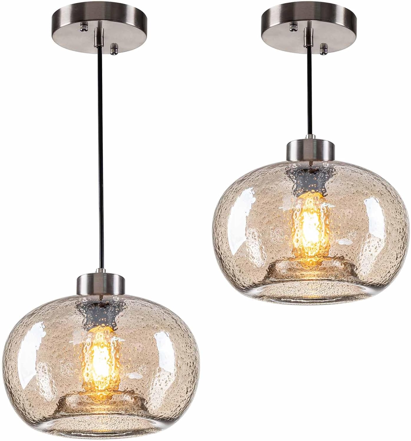 HASUN Paquete de 2 luces colgantes de cristal, 9.2 pulgadas de cocina, luces colgantes sobre la isla, calabaza moderna de mármol ámbar colgante de