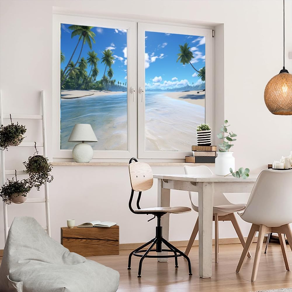 Película de privacidad para ventana, paisaje marino tropical, palmeras de playa, imagen moderna, vitrales, sin pegamento, película estática para