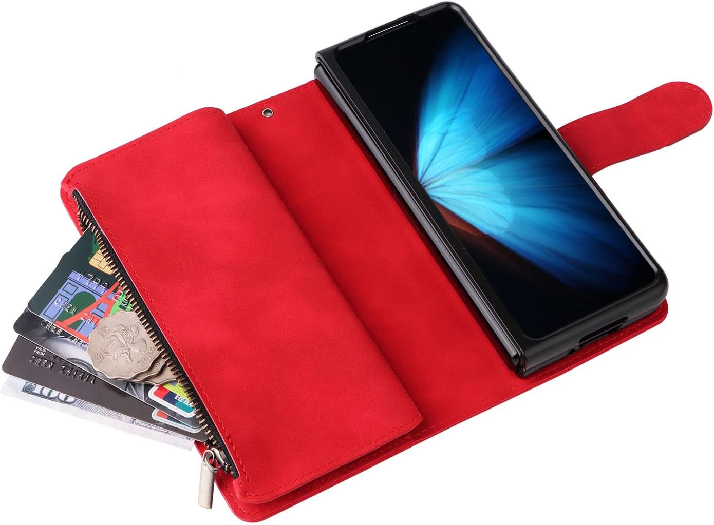 LBYZCASE Funda para Galaxy Z Fold 4 5G (2022) con ranuras para tarjetas, función atril con cierre magnético, cierre magnético, correa de muñeca para