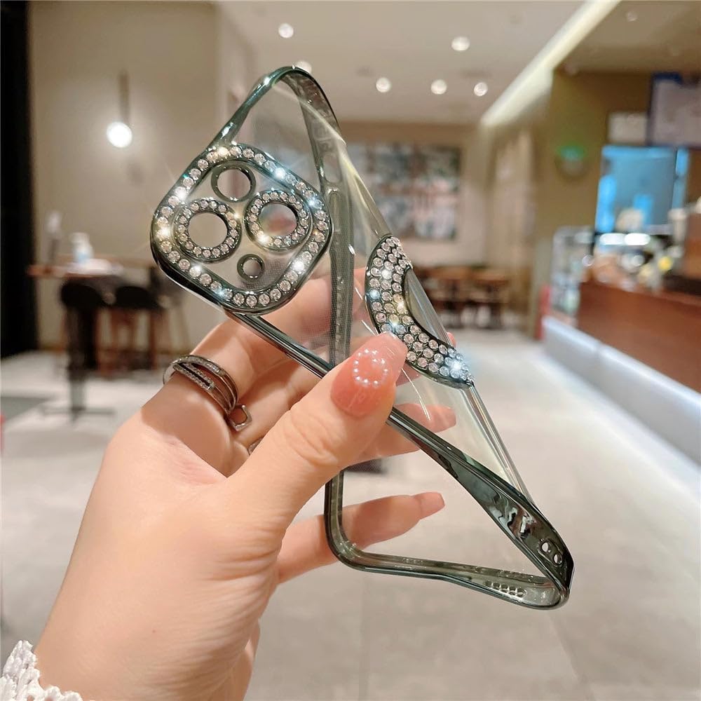 Casechics Funda compatible con iPhone, funda de lujo con purpurina brillante con diamantes de imitación y protección de lente de cámara,