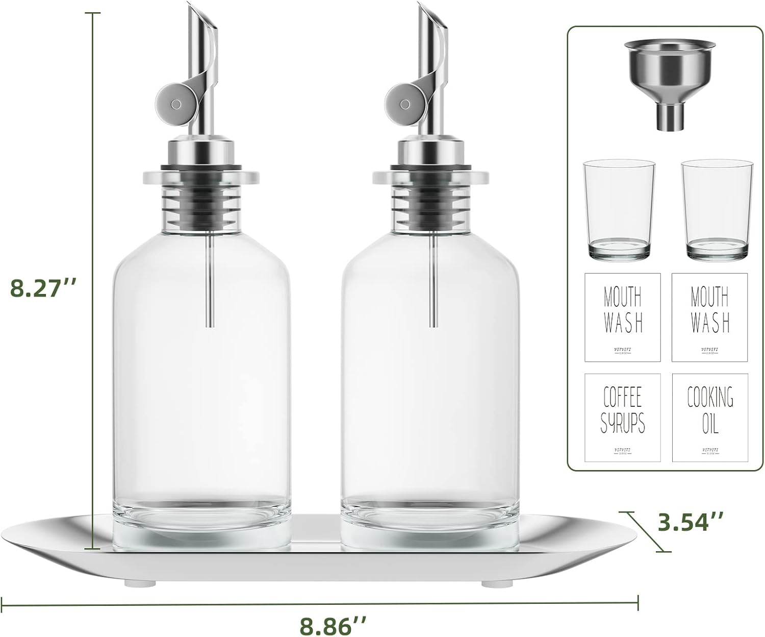VITVITI Mouthwash Dispenser for Bathroom, 2 Clear Glass Mouth Wash Dispensers Container Holder, 11.8OZ Oil Dispenser Bottle with Tray Cups,