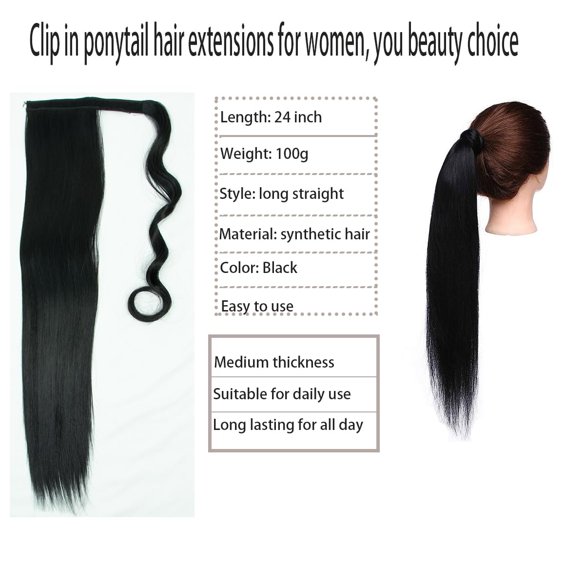 Extensión de cola de caballo larga y recta con clip, extensión de cola de caballo sintética envolvente, extensiones de cabello con clip en cola de