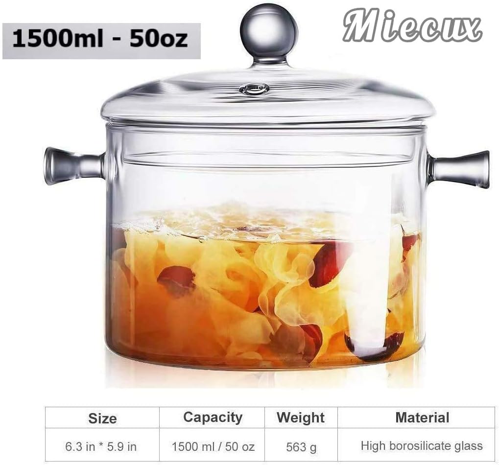 Cacerola de vidrio con tapa y tapa  1.5L50 oz resistente al calor de vidrio de borosilicato hecho a mano, juego de utensilios de cocina para estufa,
