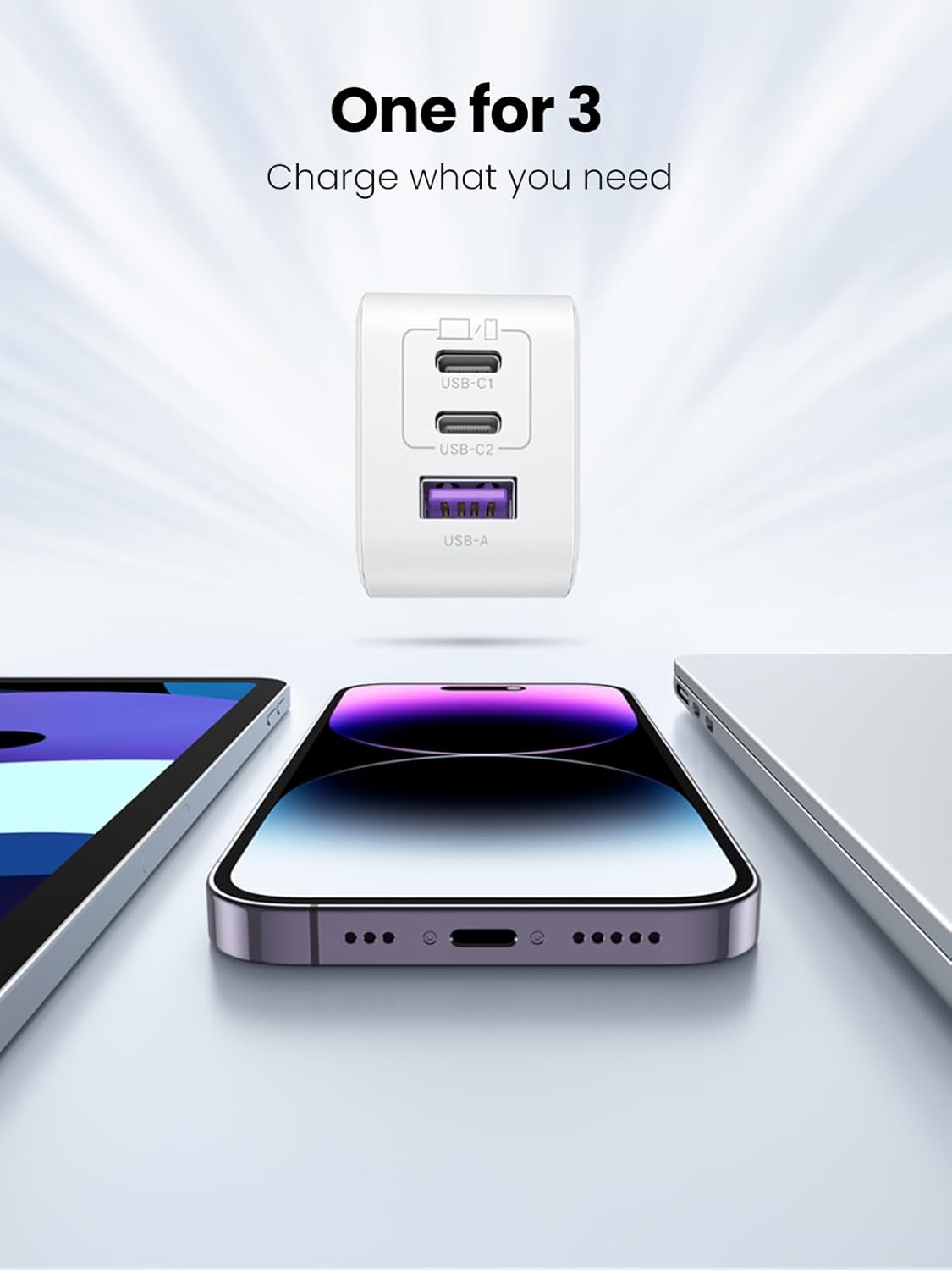 UGREEN Cargador USB C de 65 W, Nexode 3 puertos GaN Bloque de cargador rápido, cargador plegable compacto para MacBook ProAir, Dell XPS, iPhone 15