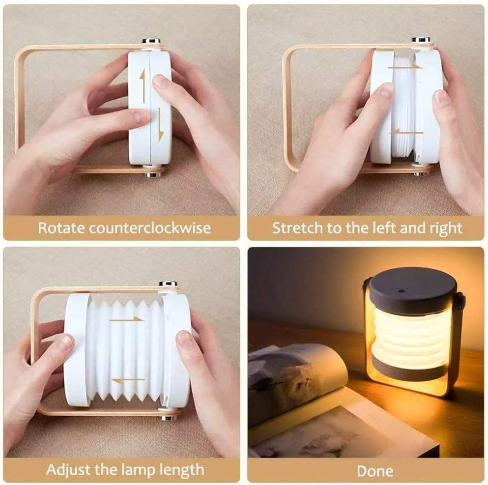 Lámpara de mesa plegable 4 en 1, luz LED retráctil USB, mango de madera, linterna portátil y linterna, control táctil, intensidad regulable, 3