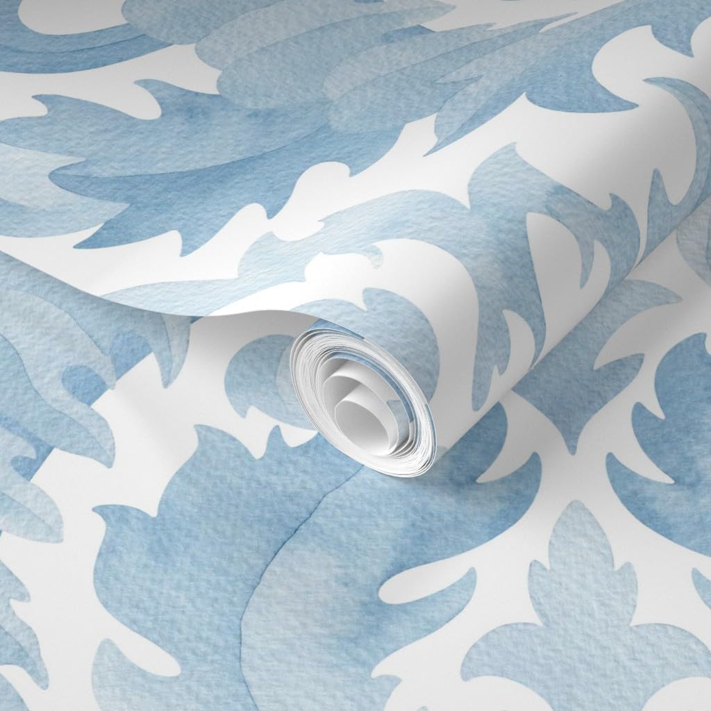 Spoonflower Muestro de papel tapiz extraíble – Acuarela Damasco Botánico Floral Azul Claro Monocromo Clásico Barroco Hoja de Acanto Papel pintado